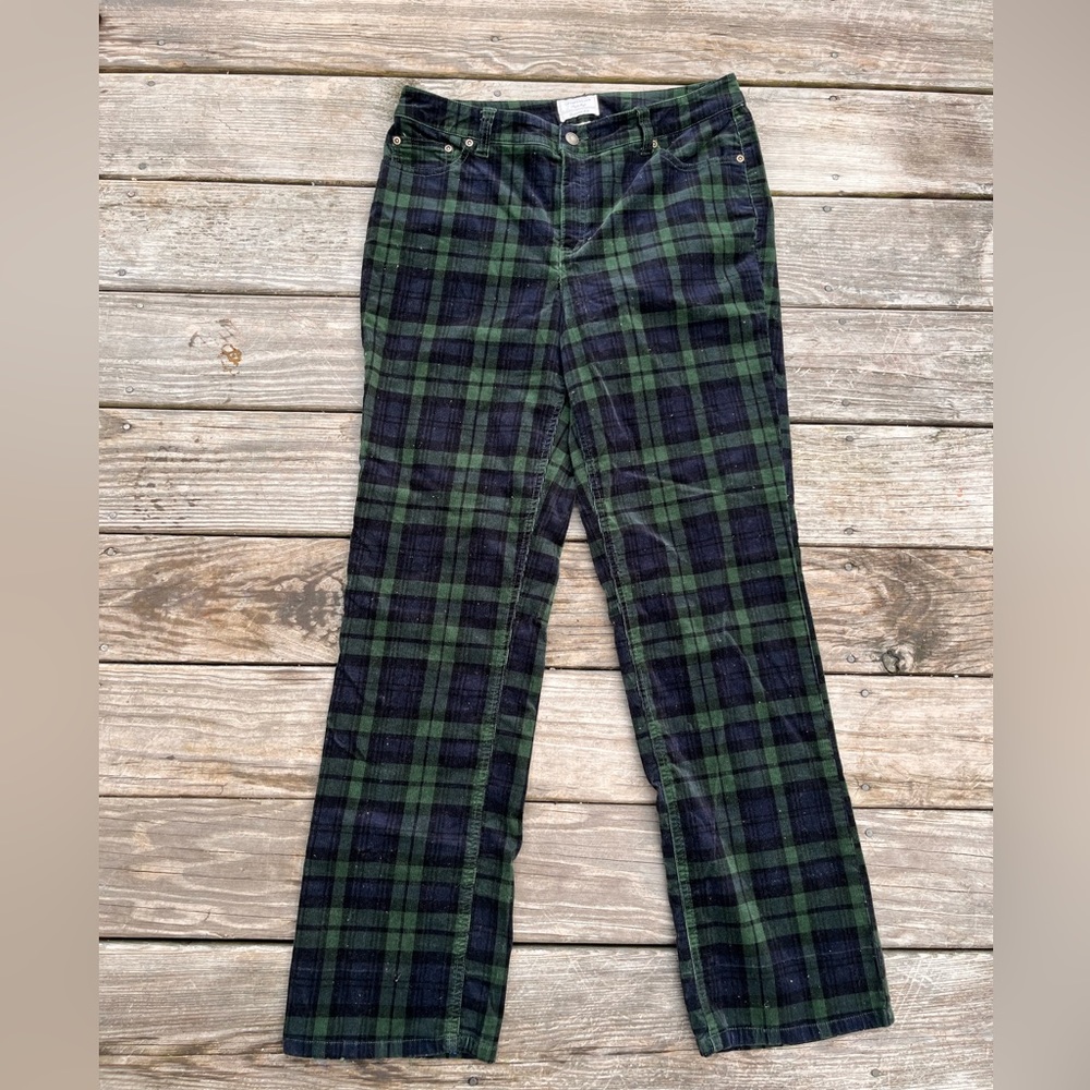 Charter Club | Women Plaid Pant 10 Velvet Corduroy Green Classic Fit Stretch